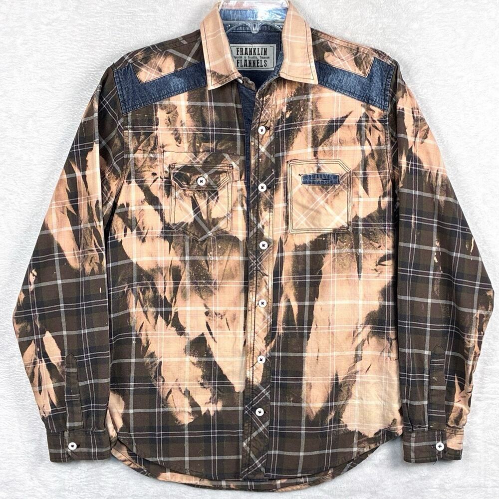 Franklin Flannels Shirt Mens M Brown Plaid Bleach Faded Punk Outdoor Thrashed